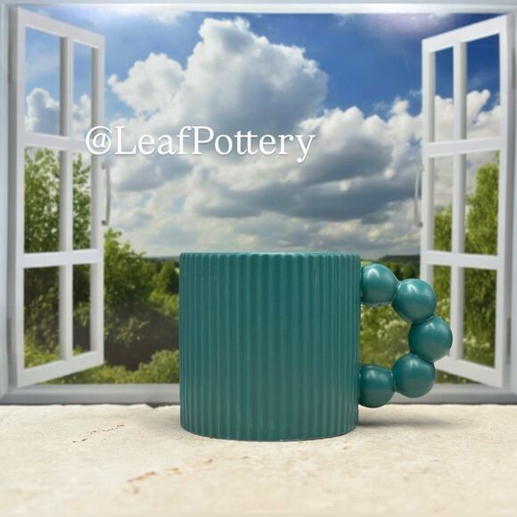 Teal Fluted Ceramic 18oz Mug with Beaded Handle - Picture 10 of 10